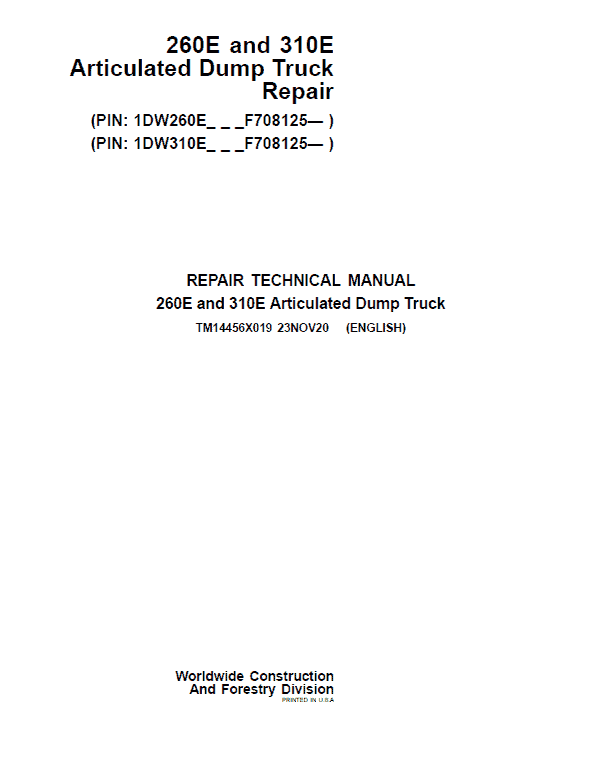John Deere 260E, 310E Articulated Dump Truck Technical Manual (S.N. F708125 – ) Workshop Guide