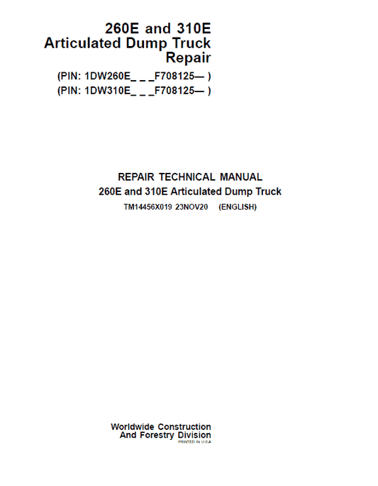John Deere 260E, 310E Articulated Dump Truck Technical Manual (S.N. F708125 – ) Workshop Guide