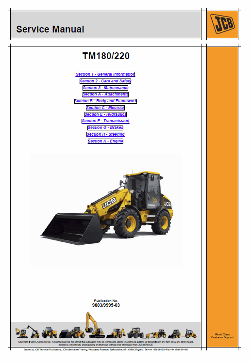JCB TM180, TM220 Wheeled Loader Service Manual Workshop Guide