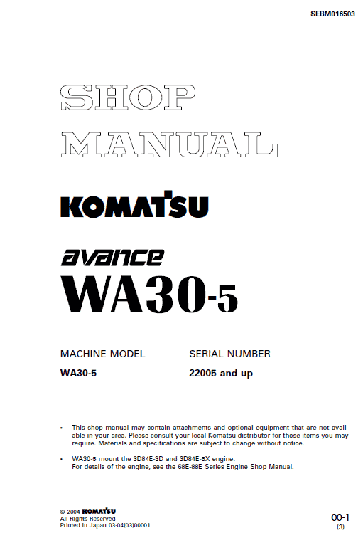 Komatsu WA30-5 Wheel Loader Service Manual Workshop Guide