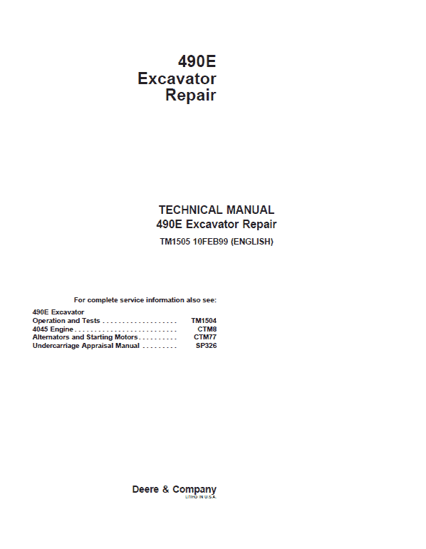 John Deere 490E Excavator Repair Technical Manual Workshop Guide