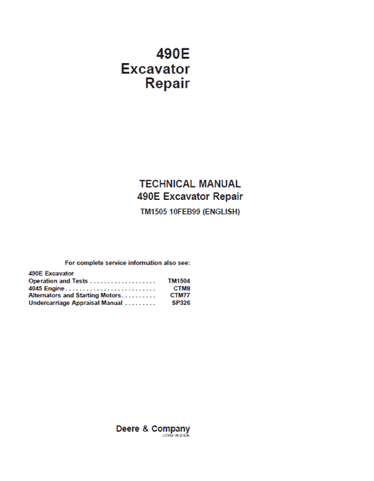 John Deere 490E Excavator Repair Technical Manual Workshop Guide