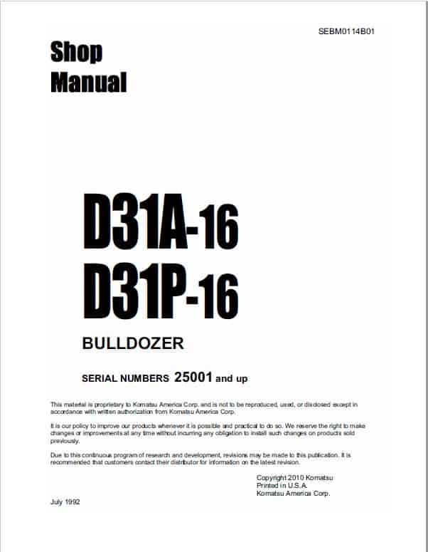 Komatsu D31A-16, D31P-16 Dozer Service Manual Workshop Guide