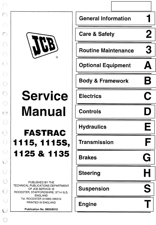 JCB 1115, 1115S, 1125, 1135 Fastrac Service Manual Workshop Guide