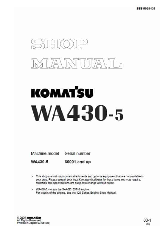 Komatsu WA430-5 Wheel Loader Service Manual Workshop Guide