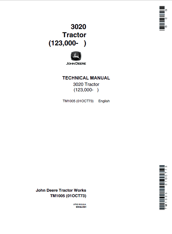 John Deere 3020 Row-Crop Tractor Repair Technical Manual (SN. from 123000 -) Workshop Guide