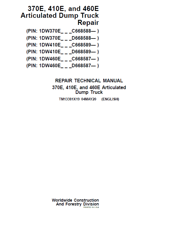 John Deere 370E, 410E, 460E Dump Truck Technical Manual (S.N. after C634583 & D668586 – ) Workshop Guide