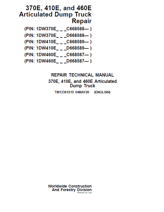John Deere 370E, 410E, 460E Dump Truck Technical Manual (S.N. after C634583 & D668586 – ) Workshop Guide