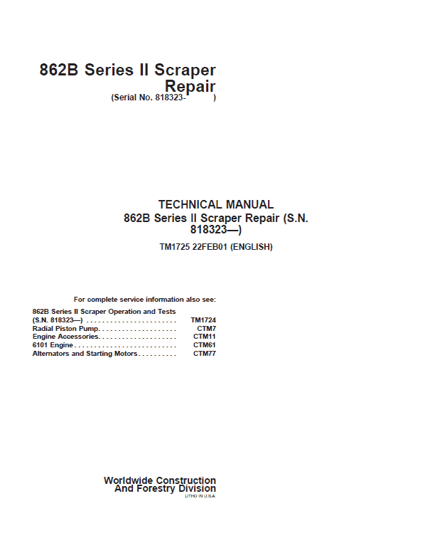 John Deere 862B Series II Scraper Repair Technical Manual (S.N after 818323) Workshop Guide