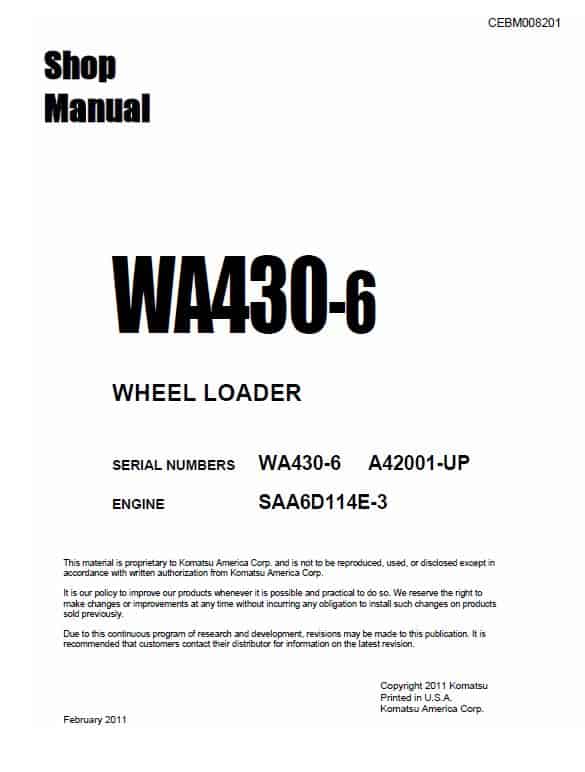 Komatsu WA430-6, WA430-6E0 Wheel Loader Service Manual Workshop Guide