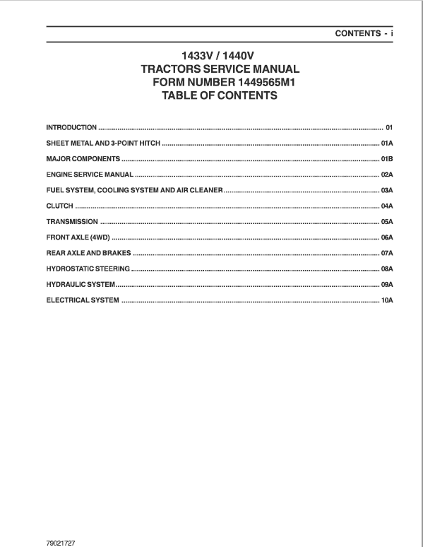 Massey Ferguson 1433V, 1440V Tractor Service Manual Workshop Guide