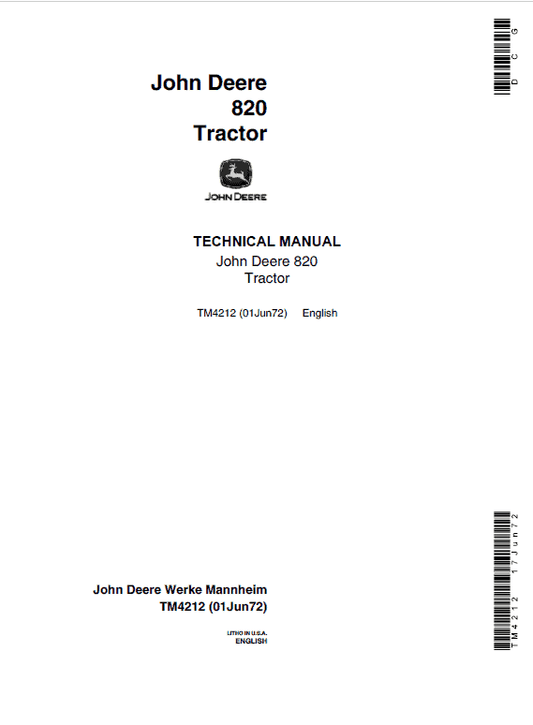 John Deere 820 Tractor Repair Technical Manual (S.N after 37000 -) Workshop Guide