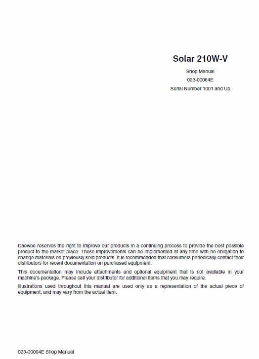 Doosan Daewoo Solar S210W-V Excavator Service Manual Workshop Guide