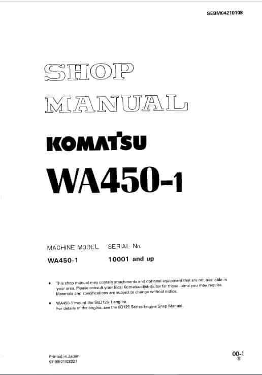 Komatsu WA450-1 Wheel Loader Service Manual Workshop Guide