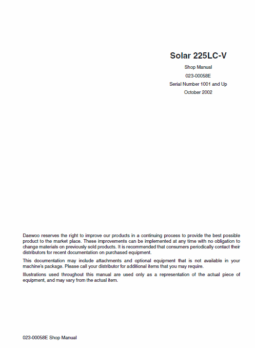 Doosan Daewoo Solar S225LC-V Excavator Service Manual Workshop Guide