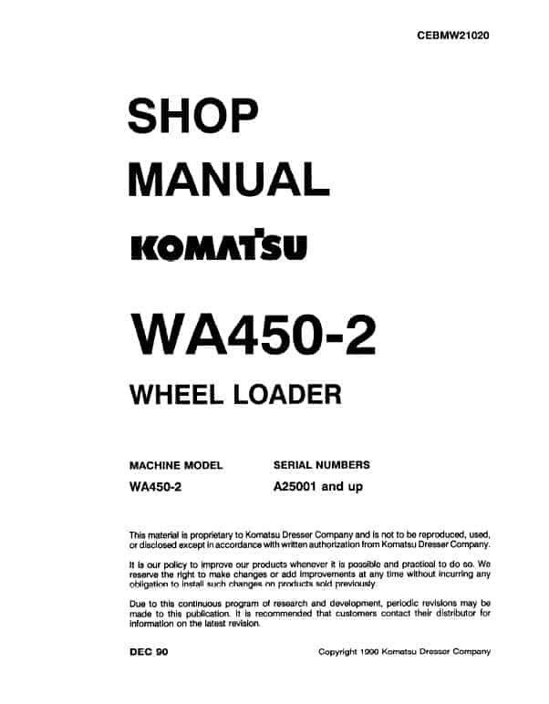 Komatsu WA450-2 Wheel Loader Service Manual Workshop Guide
