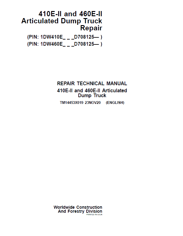 John Deere 410E II, 460E II Articulated Dump Truck Technical Manual (S.N. D708125 – ) Workshop Guide