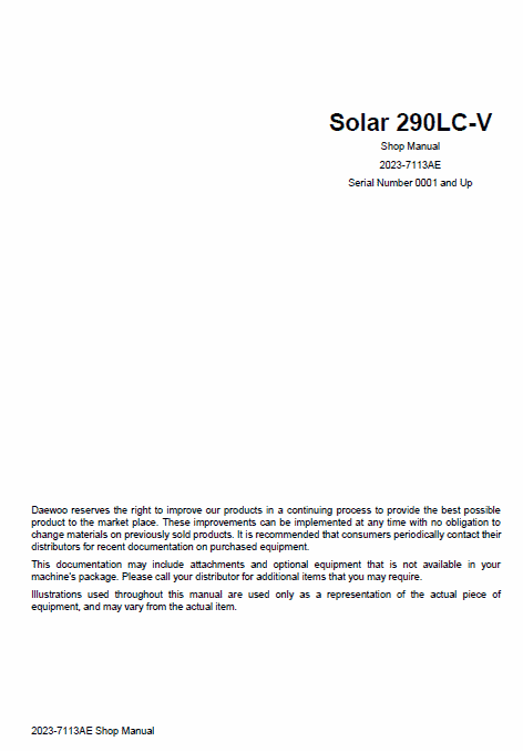 Doosan Daewoo Solar S290LC-V Excavator Service Manual Workshop Guide