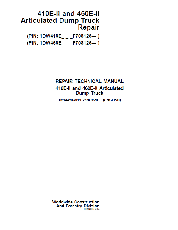 John Deere 410E II, 460E II Articulated Dump Truck Technical Manual (S.N. F708125 – ) Workshop Guide