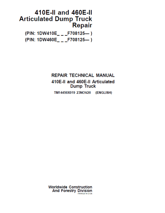 John Deere 410E II, 460E II Articulated Dump Truck Technical Manual (S.N. F708125 – ) Workshop Guide