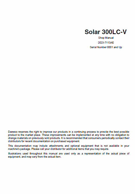 Doosan Daewoo Solar S300LC-V Excavator Service Manual Workshop Guide