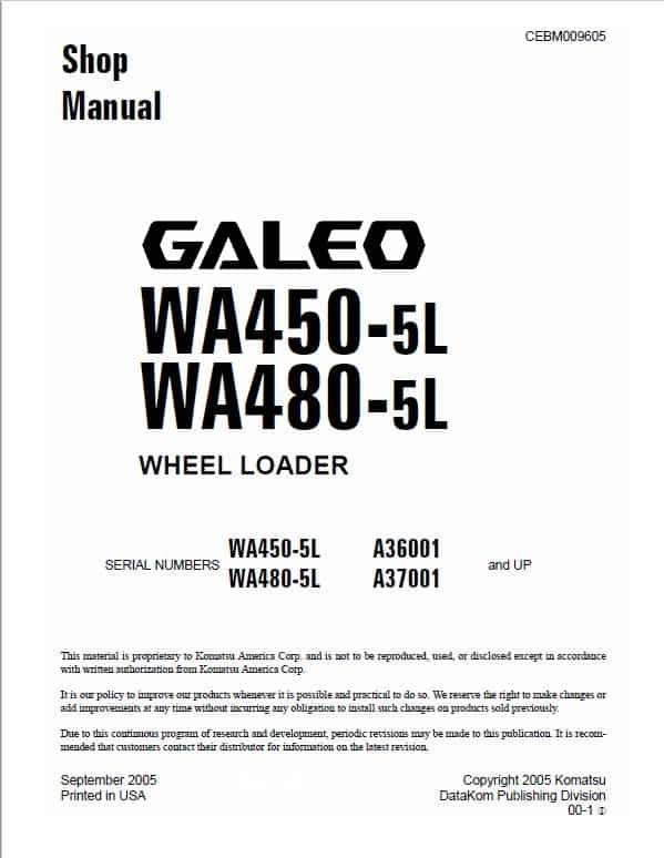 Komatsu WA450-5L, WA480-5L Wheel Loader Service Manual Workshop Guide