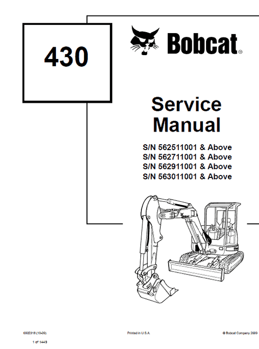 Bobcat 430 Compact Excavator Service Manual Workshop Guide