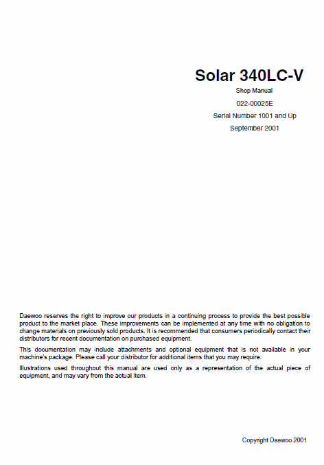 Doosan Daewoo Solar S340LC-V Excavator Service Manual Workshop Guide