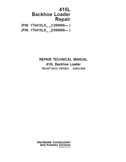 John Deere 410L Backhoe Loader Technical Manual (S.N C390996 & D390996 – ) Workshop Guide