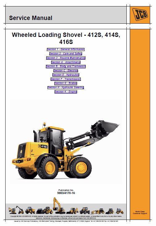 JCB 412S, 414S, 416S Wheeled Loader Shovel Service Manual Workshop Guide