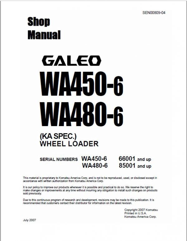 Komatsu WA450-6, WA480-6 Wheel Loader Service Manual Workshop Guide