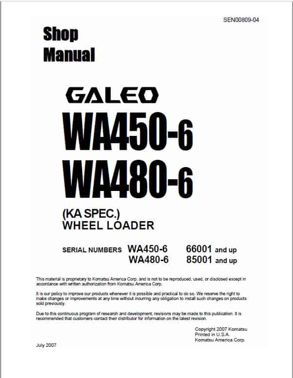 Komatsu WA450-6, WA480-6 Wheel Loader Service Manual Workshop Guide