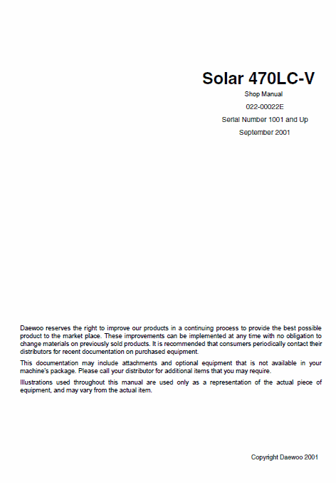 Doosan Daewoo Solar S470LC-V Excavator Service Manual Workshop Guide