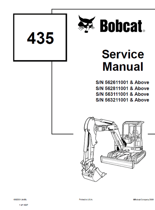 Bobcat 435 Compact Excavator Repair Service Manual Workshop Guide