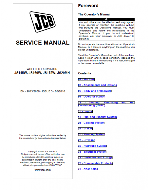 JCB JS130W, JS145W, JS160W, JS175W, JS20MH Wheeled Excavator Service Manual Workshop Guide