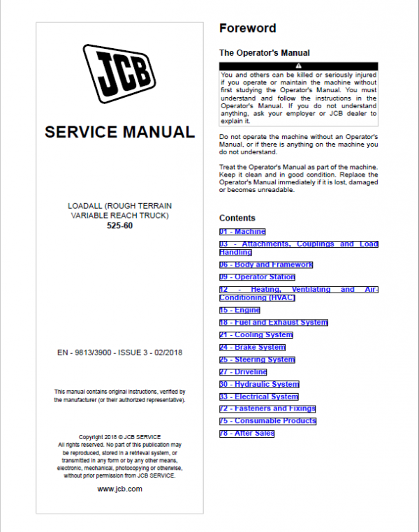 JCB 525-60 Loadall Telescopic Handlers Service Manual Workshop Guide