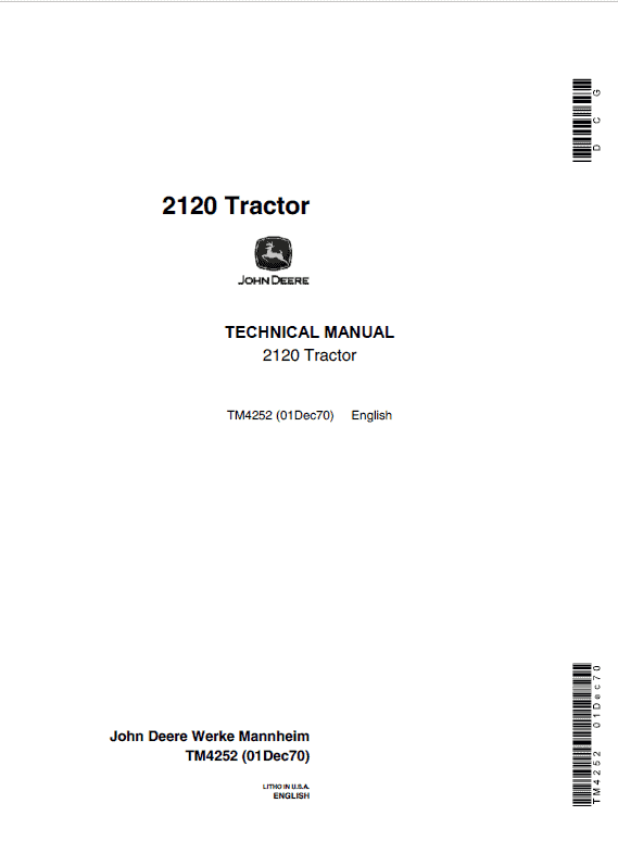 John Deere 2020, 2120 Tractor Repair Technical Manual (Serial 61020L – Up) Workshop Guide