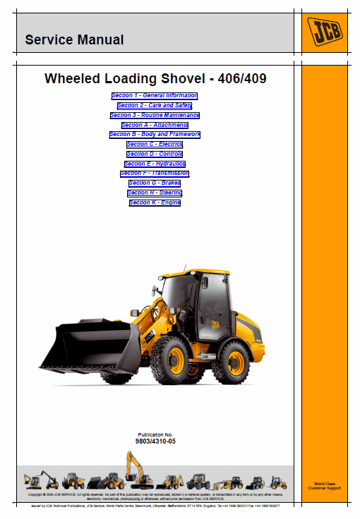 JCB 406, 409 Wheeled Loader Shovel Tier 2/3 Deutz Service Manual Workshop Guide
