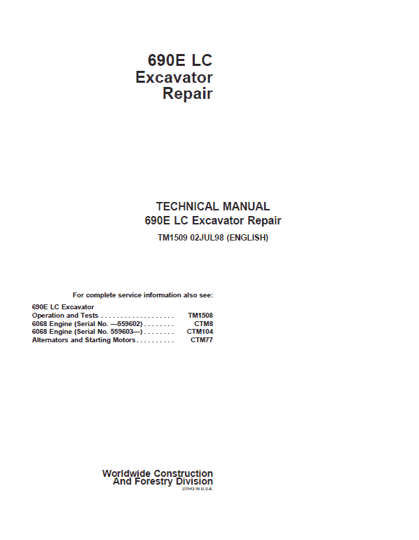 John Deere 690E LC Excavator Repair Technical Manual Workshop Guide