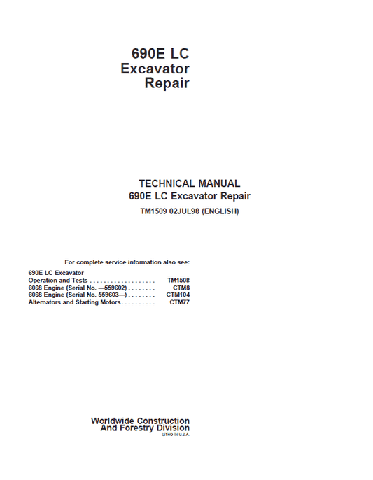 John Deere 690E LC Excavator Repair Technical Manual Workshop Guide