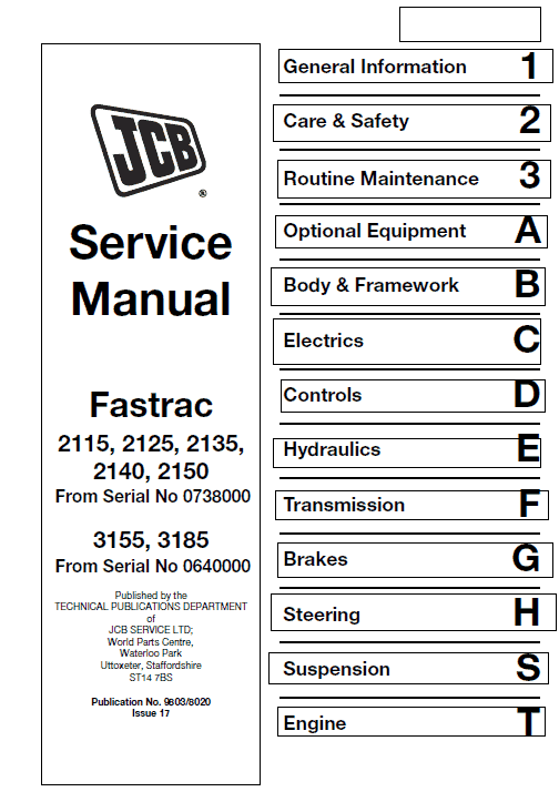 JCB 2115, 2125, 2135, 2140, 2150, 3155, 3185 Fastrac Service Manual Workshop Guide