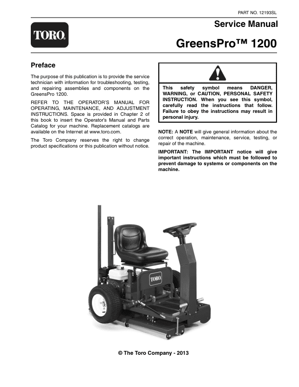 Toro Greens Pro 1200 Service Repair Manual Workshop Guide