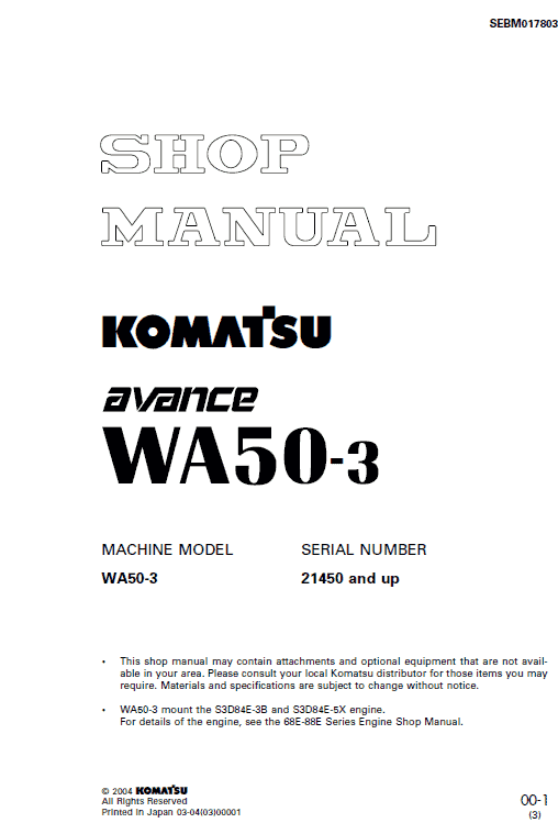 Komatsu WA50-3 Wheel Loader Service Manual Workshop Guide