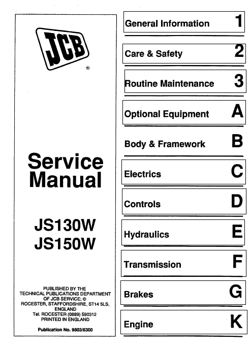 JCB JS130W, JS150W Wheeled Excavator Service Manual (1993 – 1997) Workshop Guide