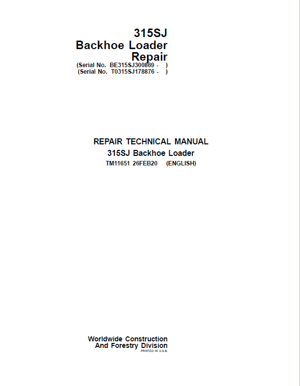 John Deere 315SJ Backhoe Loader Manual (S.N after BE315SJ300869 & T0315SJ178876 – ) Workshop Guide