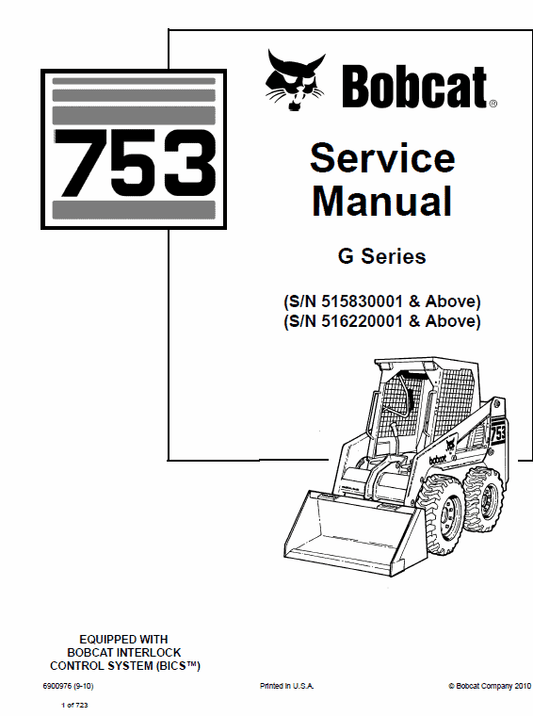 Bobcat 753 G-Series Skid-Steer Loader Service Manual Workshop Guide