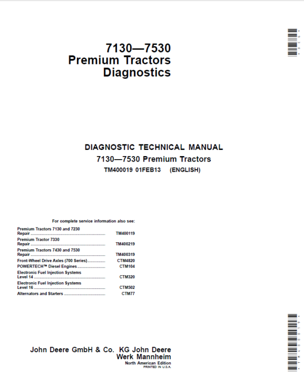 John Deere 7430, 7430 E, 7530, 7530 E (Premium) Tractors Repair Manual Workshop Guide