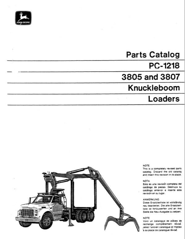 John Deere 3805, 3807 Knuckleboom Loader Parts Catalog Manual – PC1218 Workshop Guide