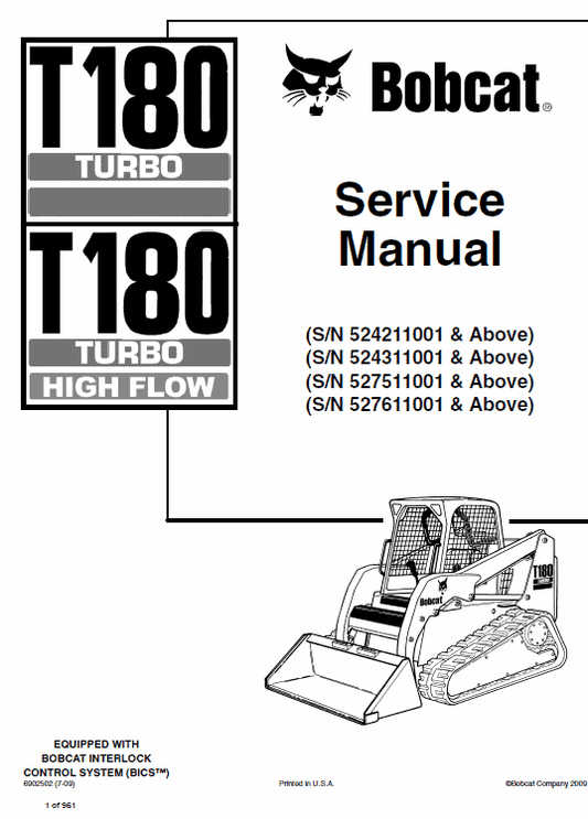 Bobcat T180 Turbo, T180 Turbo High Flow Loaders Service Manual Workshop Guide