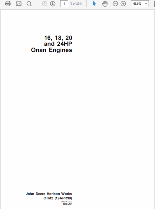 John Deere 16, 18, 20, 24HP Onan Engines Technical Manual  (CTM2) Workshop Guide